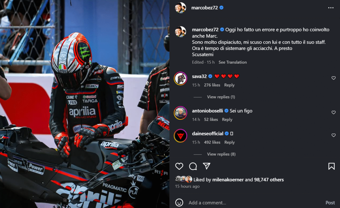 Marco Bezzecchi pede desculpas a Marc Marquez, que se machucou: "Eu cometi um erro"