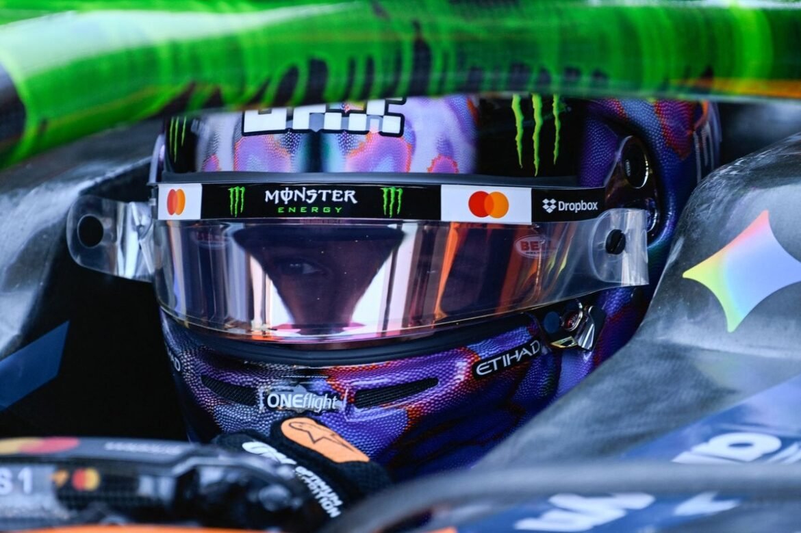 Lando Norris inicia sorteio de capacete usado em corrida em prol da instituição de caridade para demência de Sir Jackie Stewart.